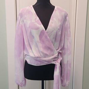 Express Lavender Floral Wrap Blouse with Waist Tie